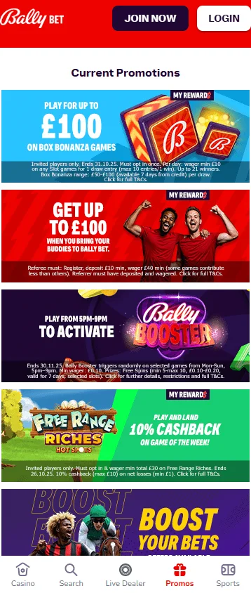 Bally Casino mobile promotions area
