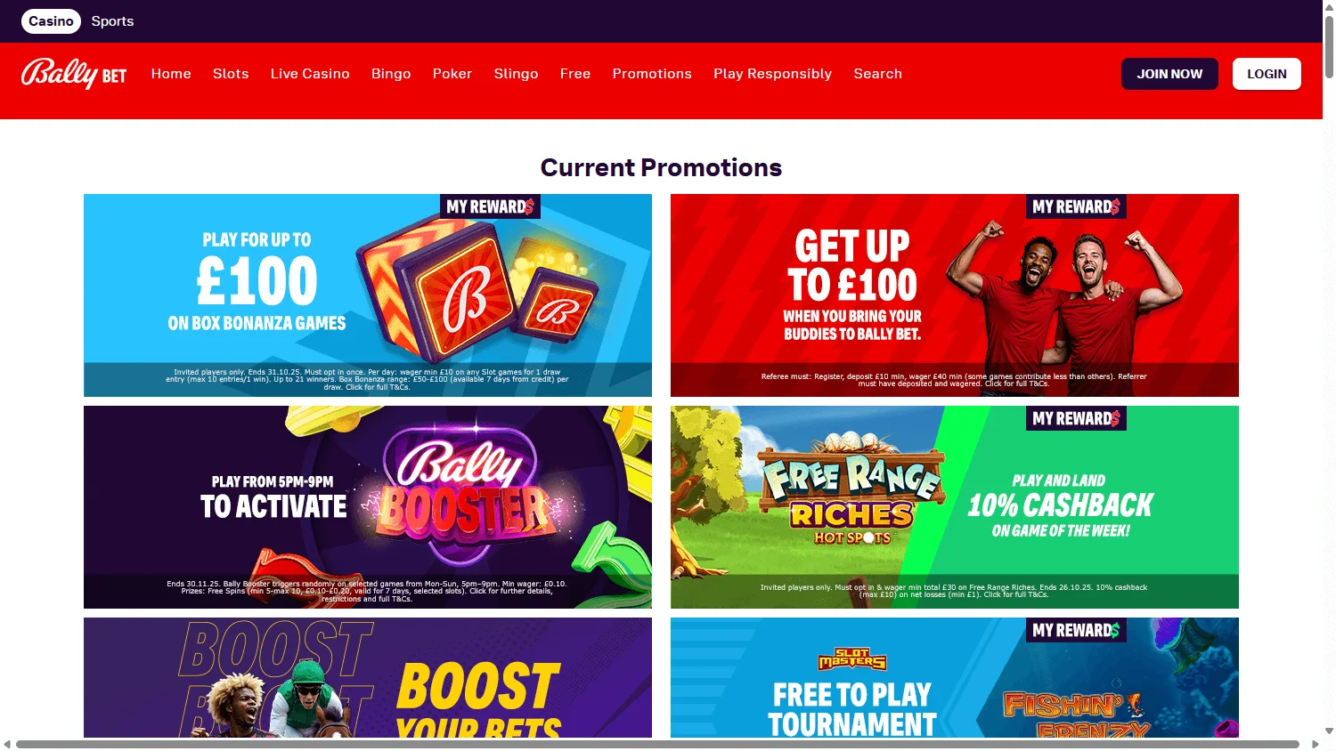 Bally Casino promotions area on desktop